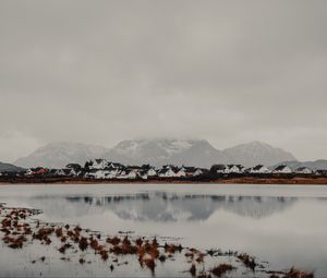Preview wallpaper mountains, lake, houses, fog, coast, land, upland