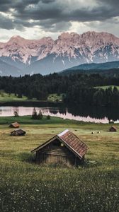 Preview wallpaper mountains, lake, houses, lawn, nature