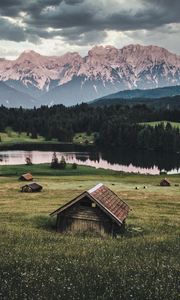 Preview wallpaper mountains, lake, houses, lawn, nature