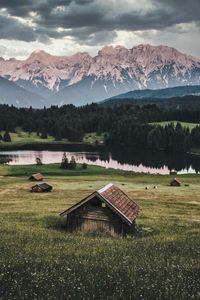Preview wallpaper mountains, lake, houses, lawn, nature