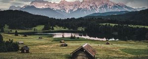 Preview wallpaper mountains, lake, houses, lawn, nature