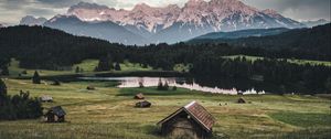 Preview wallpaper mountains, lake, houses, lawn, nature