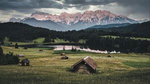 Preview wallpaper mountains, lake, houses, lawn, nature