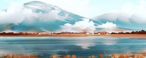 Preview wallpaper mountains, lake, houses, landscape, art