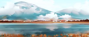 Preview wallpaper mountains, lake, houses, landscape, art