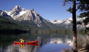 Preview wallpaper mountains, lake, idaho, fisherman, boat