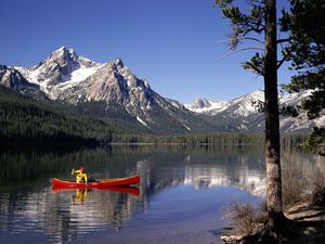 Preview wallpaper mountains, lake, idaho, fisherman, boat