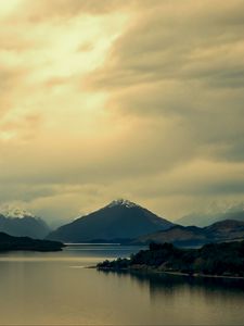 Preview wallpaper mountains, lake, island, landscape, clouds