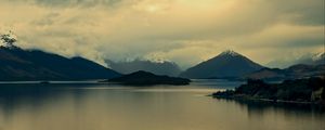 Preview wallpaper mountains, lake, island, landscape, clouds