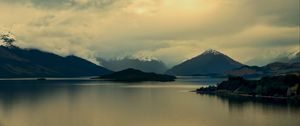 Preview wallpaper mountains, lake, island, landscape, clouds