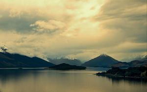 Preview wallpaper mountains, lake, island, landscape, clouds