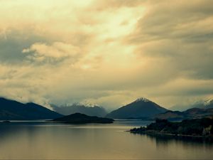 Preview wallpaper mountains, lake, island, landscape, clouds