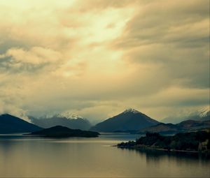 Preview wallpaper mountains, lake, island, landscape, clouds