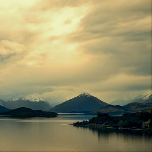 Preview wallpaper mountains, lake, island, landscape, clouds