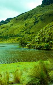 Preview wallpaper mountains, lake, lagoon, green, grass