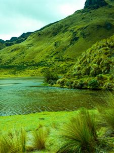 Preview wallpaper mountains, lake, lagoon, green, grass