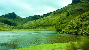 Preview wallpaper mountains, lake, lagoon, green, grass