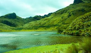 Preview wallpaper mountains, lake, lagoon, green, grass