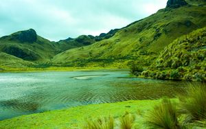 Preview wallpaper mountains, lake, lagoon, green, grass