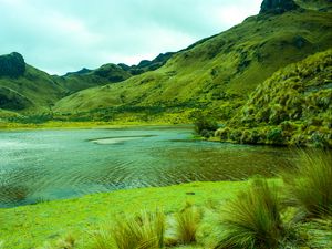 Preview wallpaper mountains, lake, lagoon, green, grass