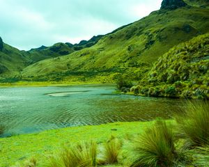 Preview wallpaper mountains, lake, lagoon, green, grass