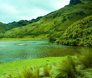 Preview wallpaper mountains, lake, lagoon, green, grass