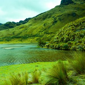 Preview wallpaper mountains, lake, lagoon, green, grass