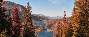 Preview wallpaper mountains, lake, landscape, needles, fir