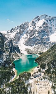 Preview wallpaper mountains, lake, landscape, forest, slopes, snowy