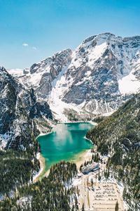 Preview wallpaper mountains, lake, landscape, forest, slopes, snowy