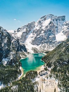 Preview wallpaper mountains, lake, landscape, forest, slopes, snowy