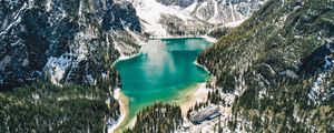 Preview wallpaper mountains, lake, landscape, forest, slopes, snowy