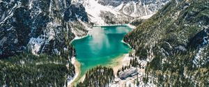 Preview wallpaper mountains, lake, landscape, forest, slopes, snowy