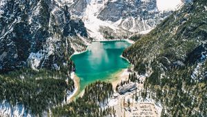 Preview wallpaper mountains, lake, landscape, forest, slopes, snowy