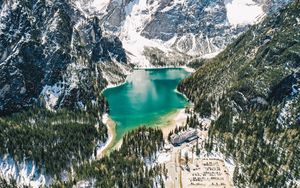 Preview wallpaper mountains, lake, landscape, forest, slopes, snowy