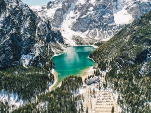 Preview wallpaper mountains, lake, landscape, forest, slopes, snowy