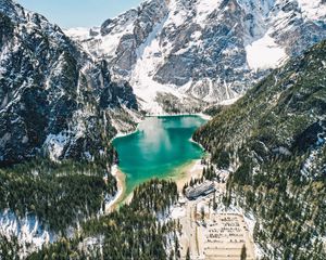 Preview wallpaper mountains, lake, landscape, forest, slopes, snowy