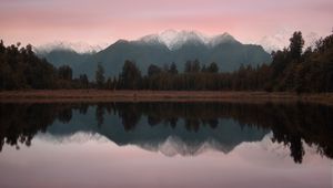 Preview wallpaper mountains, lake, landscape, trees, shore, reflection