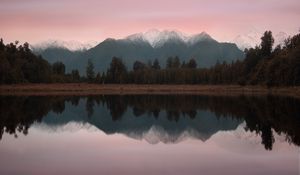 Preview wallpaper mountains, lake, landscape, trees, shore, reflection