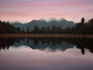 Preview wallpaper mountains, lake, landscape, trees, shore, reflection