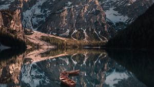 Preview wallpaper mountains, lake, landscape, boats, reflection
