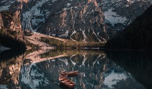 Preview wallpaper mountains, lake, landscape, boats, reflection