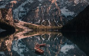 Preview wallpaper mountains, lake, landscape, boats, reflection