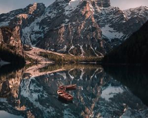 Preview wallpaper mountains, lake, landscape, boats, reflection