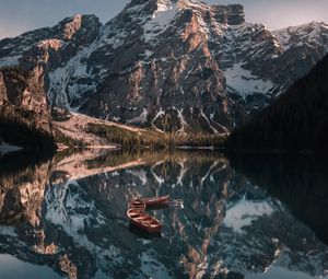 Preview wallpaper mountains, lake, landscape, boats, reflection