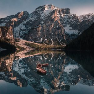 Preview wallpaper mountains, lake, landscape, boats, reflection