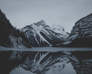 Preview wallpaper mountains, lake, landscape, snowy, dusk