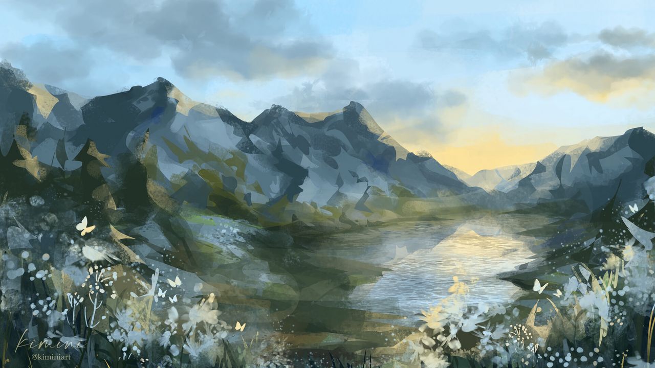 Wallpaper mountains, lake, landscape, art