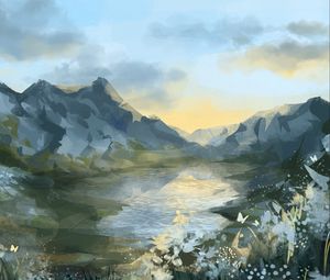 Preview wallpaper mountains, lake, landscape, art