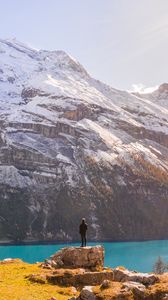Preview wallpaper mountains, lake, man, loneliness, landscape, nature